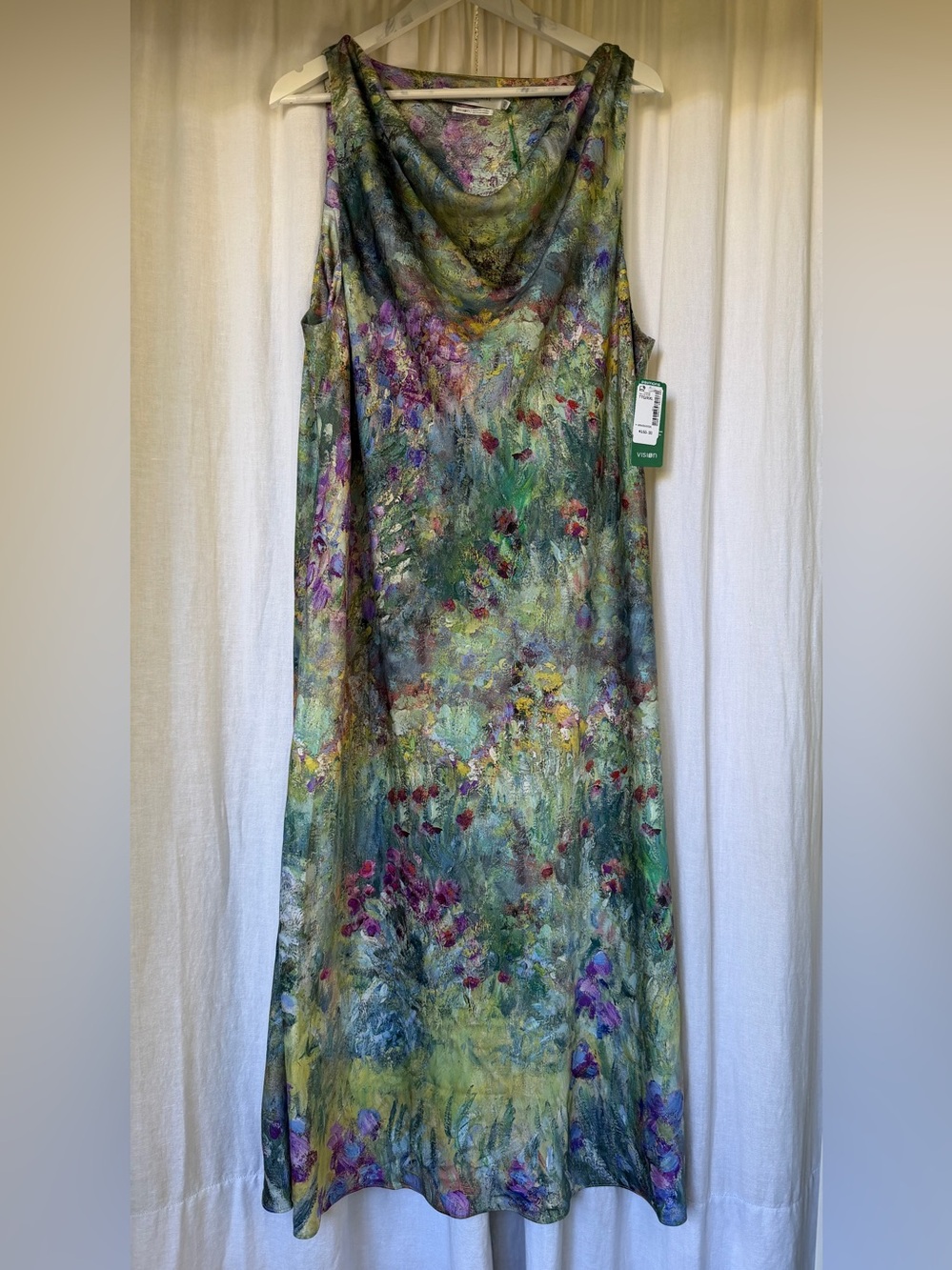 SIMONS CONTEMPORAINE Impressionist Garden Satiny Cowl Neck Dress trib to Monet - Picture 2 of 11